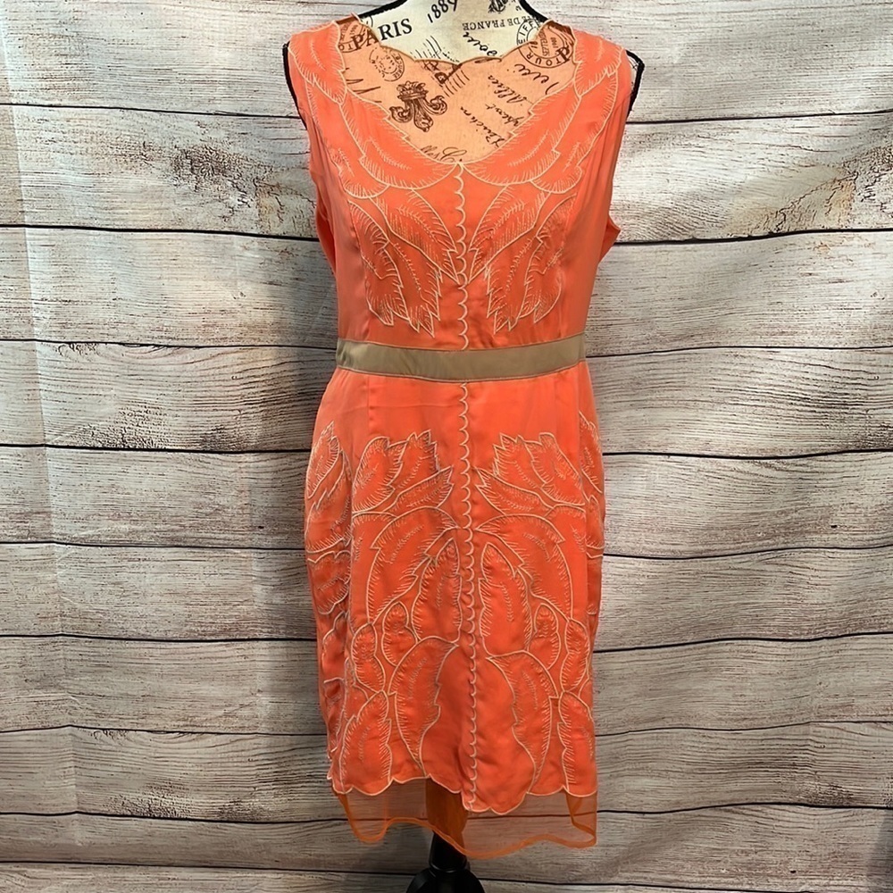 Ryu Dress Embroidered Front Faux Belt Netting Sleeveless Orange Size Large
